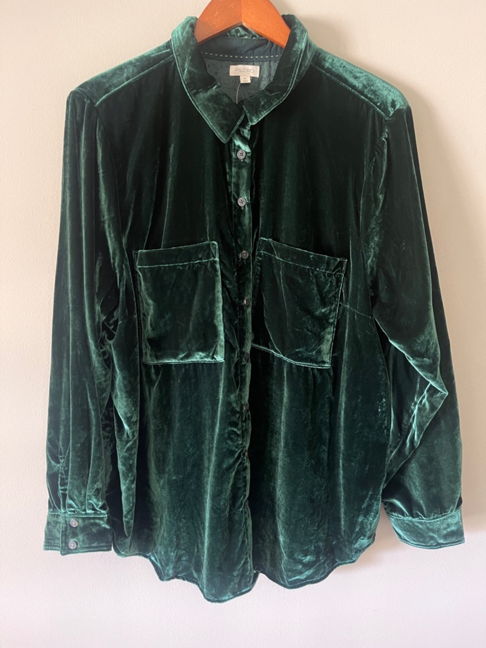 Pilcro Velvet Button-Front Shirt in Deep Emerald Green